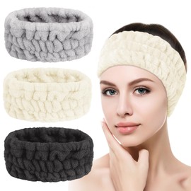 Flintronic 3 Pack Spa Headband for Women, Fluffy Headband for Washing Face, Soft Terry Cloth Hairband for Washing Face Shower Yoga Sports(White, Black, Light Grey)