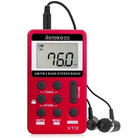 Retekess V112 AM FM Portable Pocket Radio, FM Receiver, Digital Tuning Stereo, with Headphones, Rechargeable Battery, for Walking, Jogging, Training, Church (Red)