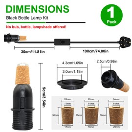 E14 Bottle Lamp Adaptor Kit, 240 CM Lengthened Bottle Lamp Kits, Black DIY Bottle Lamp Kit, Includes 3 Sizes of Stoppers for Many Types Bottle, Lamp Fittings Kit for Table Lamp, Lamp Making Kit