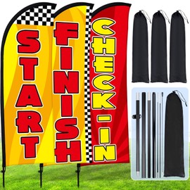 Buryeah 3 Sets Start Finish and Check-in Feather Flag Start Advertising Banner Swooper Flag with Pole Kit and Ground Stake for Marathons and Special Events Outside