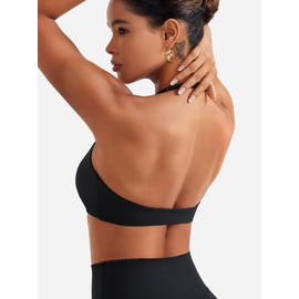 YEOREO Halter Sports Bras for Women Adjustable Strappy Open Back Impact Removable Pads Deep V Bra Workout Gym Yoga Crop Top Black L