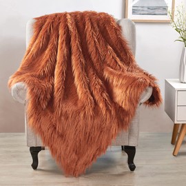 BYTIDE Mongolian Long Hair Faux Fur Plush Throw Blankets with Micromink Back, Soft Luxury Furry Fuzzy Shaggy Throw for Couch Sofa Chair Bed Cover Bedroom Living Room, 50 x 60 Inches, Rust Orange