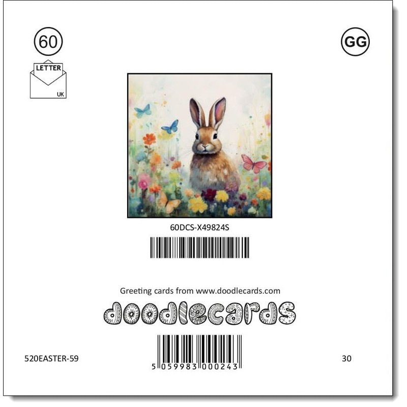 doodlecards Easter Card Bunny in Wildflowers Square Size with Plain