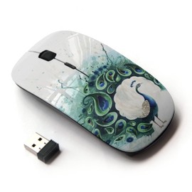 KawaiiMouse [ Optical 2.4G Wireless Mouse ] Teal Peacock Feather Painting Bird