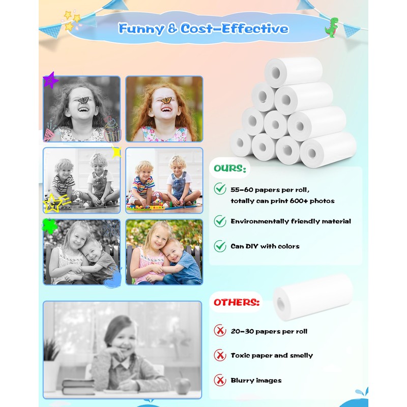 Thermal Paper, 10 Rolls Refill Print Paper for Kids Instant