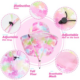 WAWSAM Girls Unicorn Sun Hat Adjustable Kids Rainbow Bucket Hats Toddler Unicorn Sun Protection Hat Baby Girls Wide Brim Neck Protection Summer Hat Beach Hat Ages 4-12