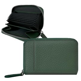 Giselle Card Case, Genuine Leather, Large Capacity, Compact, Bifold Wallet, Small, Thin, Mini Wallet, Jabara, Pass Case, Coin Purse, Women's, Men's, green