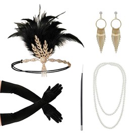 7 Pack 1920s Accessories Set, 1920s Fashion Flapper Accessories Headband Long Gloves Earrings Pearl Necklace Great Gatsby Accessories for Women(Black)