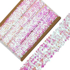 Length 5Yards，Wide 1.9 Inch White Elastic Sequin Ribbon Trim for Sewing Dress Dance Costumes Headband (White/AB)