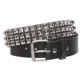 1 3/4" Snap On Three Row Punk Rock Star Metal Silver Studded Solid Leather Belt, Black | 44"