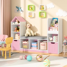 Kids Bookcase with Reading Nook, Bench Kids Bookshelf with 7 Storage Cubbies and 2 Movable Drawers, Multi-Purpose Toy Storage Organizer with Seat Cushion for Playroom, Bedroom, Living Room, Pink