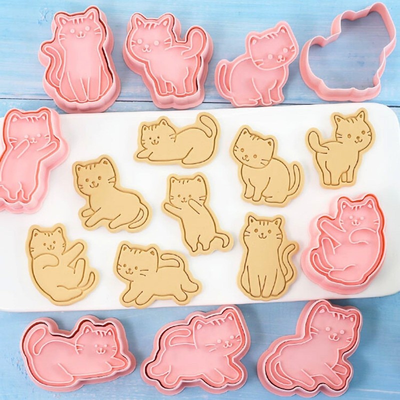 Crethinkaty Cat Cookie Cutters Set-8 Plastic Cookie Cutter Stamp- Cat