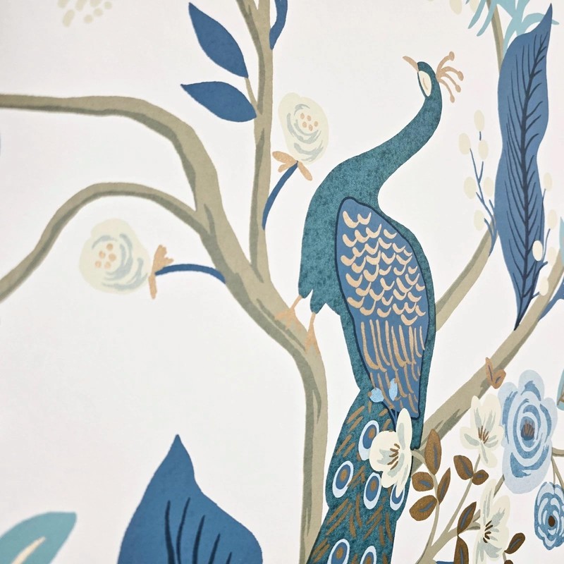 White Blue Tropical Tree Branches Leaves Flowers Peacock Botanical Wallpaper