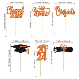 24 piezas de decoración de cupcakes con temática de graduación 2024, color naranja con purpurina, clase de graduación 2024, diploma hecho para magdalenas 2024, suministros para decoración de pasteles