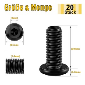 Pack of 20 M8 x 20 screws, flat head screws, hex socket stainless steel A2 V2A full thread black oxide with hex key.