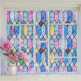 FEOMOS Window Privacy Film, Rainbow Decorative Stained Glass Window Film, Static Cling Lattice Window Glass Covering, Window Tint Sticker for Home Decor & UV Heat Blocking, 17.3 x 118 Inches