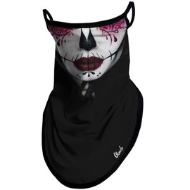 Obacle Bandana Face Mask with Ear Loops Neck Gaiter Face Mask Scarf Face Cover for Men Women (Women Black Nose Red Lips White Face)