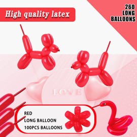 260 Long Balloons 100 Pack Red Twisting Animal Balloons Thickening Latex Modeling Long Magic Balloons for Animal Model Weddings Birthdays Festival Party Decorations