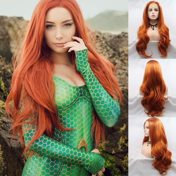 Mera Princess Cosplay Hairstyle Long Yellow Orange Wavy Synthetic Lace Front Wigs Mix Colour Yellow Orange Wigs for Women Heat Resistant Fiber Hair Replacement Wig Curly Soft