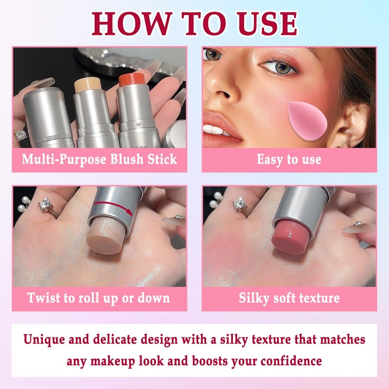 3 Colors Blush Stick,Solid Cream Blush,Multi-Use Highlighter Blush Stick for
