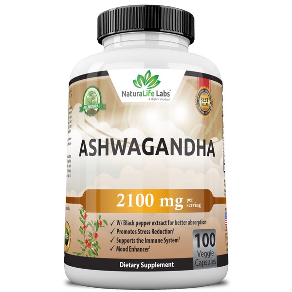 Organic Ashwagandha 2,100 mg - 100 Vegan Capsules Pure Organic Ashwagandha Powder and Root Extract - Stress Relief, Mood Enhancer