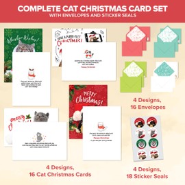 Decorably 16 Pack 5x7in Cat Christmas Cards Boxed with Envelopes and Stickers, 4 Cute Designs Kitty Christmas Cards with Cats with Printed Message Inside