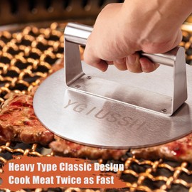 ygiussh Stainless Steel Bacon Press 8.7 Inch Round Heavy-Duty Grill Press Non-Stick Hamburger Press Weight Burger Smasher for Perfectly Seared Bacon Steak & Sandwiches