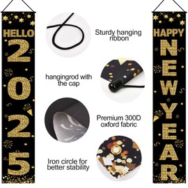 Happy New Year Decorations 2025, New Year Eve Party Supplies Porch Banner Sign for Front Door Yard Decor Outdoor Indoor Black Gold, 72x12 Inch