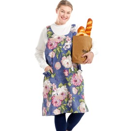 Big Plus Size Aprons for Women with Pockets Cotton Linen Baking Kitchen Cooking Colorful Peonies