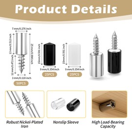 Pack of 50 Shelf Brackets, Self-Tapping Screws, Diameter 7 mm, Integrated Screws, Shelf, High Load Capacity, Self-Drilling Shelf Pins, Shelf Support with Rubber Protection for Cupboards