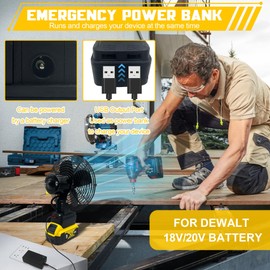 byczone Portable Jobsite Fan for Dewalt 20v Battery and direct power supply using battery charger Cordless Works Fan Battery Portable Fan with Low Voltage Protection, USB Port (No Battery), 8 inches | byczone