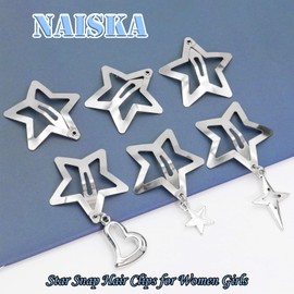 NAISKA 12PCS Star Hair Clips Silver Y2K Hair Clips Non Slip Hair Pins Heart Crosses Snap Hair Barrettes Star Hair Accessories for Girls Women Metal Hair Decoration