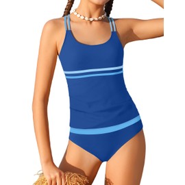 CRISONE Girls Swimsuit Size 12-14 Girls' Swimwear Girl's Tankini Swimsuits for Girl Bathing Suit Size 12-14 Two Piece Swimsuit for Girl Blue+Color Block