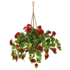 Nearly Natural 27-in. Geranium Artificial Hanging Basket Silk Plants Red
