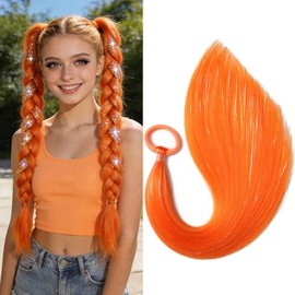 Orange Ponytail Hair Extensions for Braids Tie In, 2 Packs 16 inch Colored Festival Crazy Hair Day Accessories