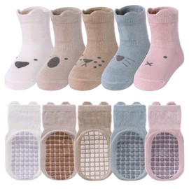 TRUEHAN 5 Pairs Toddler Non Slip Socks with Grips Baby Socks for Kids Girls Boys （5 Pairs Animal A，3-5 years）