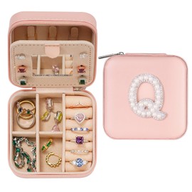 Parima Travel Jewelry Case for Women Girls, Pink Jewelry Box | Small Jewelry Box | Travel Jewelry Box for Girls | Travel Gifts for Women | Earrings Ring Organizer - Letter Q, Pink