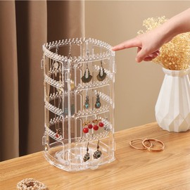 iForcase Earring Holder acrylic 360 degree Rotating display holder and Jewelry Display Organizer, 4 Tiers Jewelry Rack Display Stand, 156 Holes for Earrings and 160 Grooves for Necklaces Clear