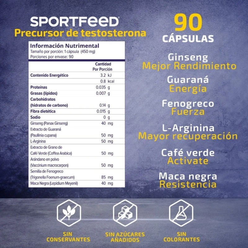 Testo Sportfeed 90 Cápsulas Fenogreco Maca L-arginina Sin Sabor