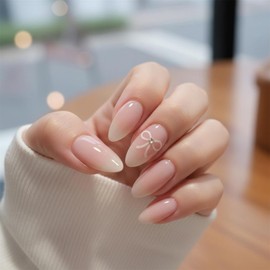 LEVGAL Nail Tips, Short, 24 Pieces, Nude Pink, Fake Nails, Short White Ribbon, Popular Nails, Japanese Style, Cute, Stylish, Simple, Double-Sided Tape Included, Coming-of-age Ceremonies, Weddings, School Entrance Ceremonies, Graduation Ceremonies