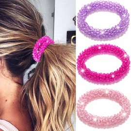 Reaky Haargummis mit Strasssteinen, Champagner, elastischer Pferdeschwanzhalter, Perlen-Set, Haarbänder, vergoldete Kristall-Haargummis, 3-teilig, dehnbare Haar-Accessoires für Damen (Rosa)