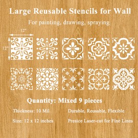 9 Pieces Large Mexican Tile Stencils 12"x12" Reusable Wall Templates Floor Tile Stencils for Painting on Floors, Tile, Concrete Patio, Wall, Furniture, Canvas, Mexican Talavera Stencils