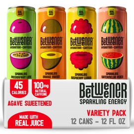 Betweener Sparkling Energy Seltzer, Sparkling Water w/Real Juice & 100mg Caffeine, Light & Refreshing, L-Theanine for Focus, Vitamins B+C - Low Sugar - 45 Cals - Variety Pack (12 Pack)