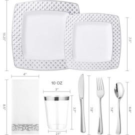 175 Count Silver Dinnerware Set for 25 Guests, Disposable Square Plastic Plates