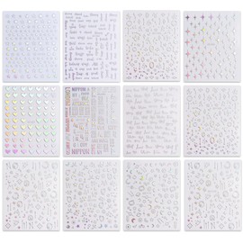 JMEOWIO 12 Sheets Aurora Nail Art Stickers Decals Self-Adhesive Pegatinas Uñas Glitter Holographic Star Heart Nail Supplies Nail Art Design Decoration Accessories
