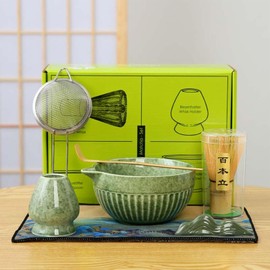 Matcha Whisk Set Complete Bamboo Whisk & Ceramic Bowl Matcha Set 7-Piece with Gift Box Traditional Matcha Tools for Lattes,Matcha Kit Beginners & Tea Lovers Sand Dot Solid Texture (Green)