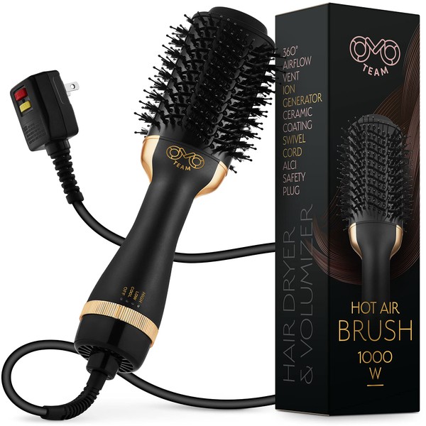 Professional Blowout Hair Dryer Brush, Black Gold Dryer and Volumizer, Hot Air Brush for Women, 75MM Oval Shape (Black Gold)
