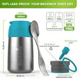 Blockhütte Stainless Steel Food Flasks for Hot Food Kids and Adults I 1l I Thermal Soup Flask with Spork I Vacuum Insulated Thermal Lunch Box to Go for 14h Hot Meals, BPA Free – Turquoise
