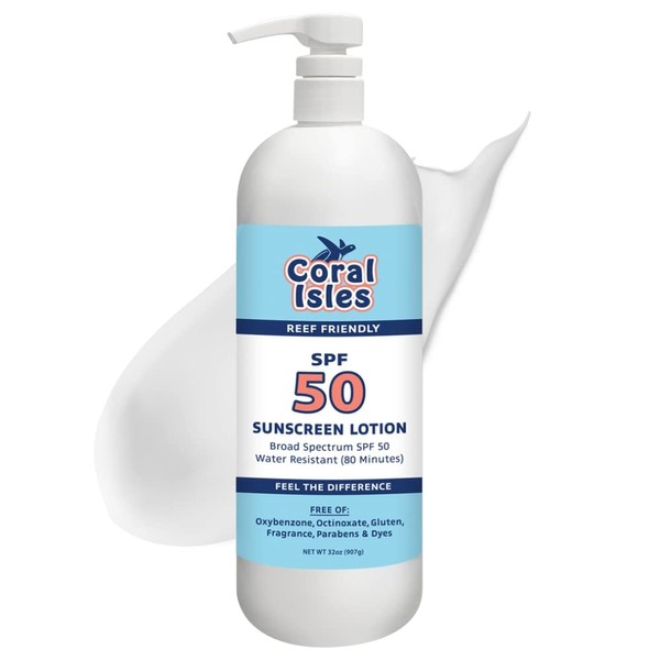 Coral Isles Reef Safe Sunscreen SPF 50 Lotion -Octinoxate & Oxybenzone Free, Hawaii Approved Sun Shield, Broad Spectrum UVA/UVB Protection, Waterproof, Odorless Skin Protector (32 Fl Oz Quart w/Pump)