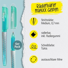 Online MagiXX Erasing Pens, 6 x Gel Pens Turquoise with 0.7 mm Line Width, Rollerball Pen Erasable for Learning to Write & Office, Erasable Pen Set, Erasable Ballpoint Pen for Students, Students